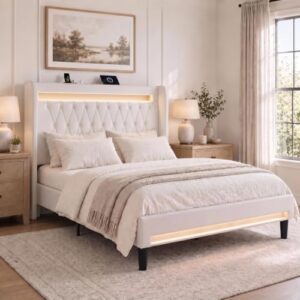 Allewie Queen Size Upholstered Bed Frame with LED & Charging Station, White | Customizable LED lights, charging station, tufted wingback headboard, noise-reducing support, and no box spring needed.