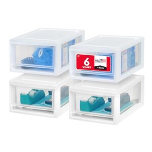 IRIS USA 4-Pack, 6 Qt. Small Stacking Drawer Storage Organizer, White | Organize dorm essentials, school supplies, toiletries, snacks, and accessories with stackable drawers for small-space storage