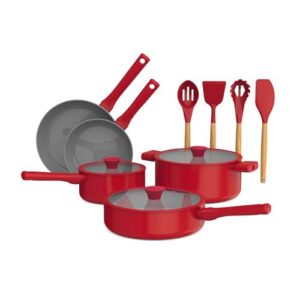 So Yummy by bella 12 Piece Cookware Set w EverGood™ Ceramic Nonstick Coating​ and Silicone & Wood Utensils, Dishwasher Safe Silicone & Glass Lids, Oven Safe & All Stovetop Compatible, Red