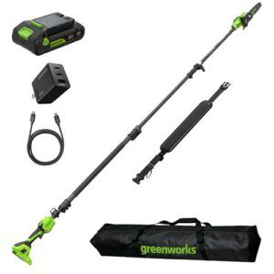 Greenworks 24V 8 in Electric Pole Saw, 3.0 Ah Battery and Charger | Extended reach trims high branches from the ground and helps reduce ladder use; brushless power boosts torque, efficiency.