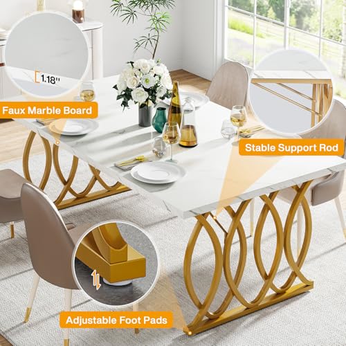 Tribesigns 63" Dining Table for 4 to 6, White and Gold Kitchen Table | Modern Large Rectangular Dinner Table Kitchen & Dining Room Furniture with Faux Marble Tabletop and Geometric Legs - Image 8