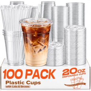 100 Pack 20oz Disposable Plastic Cups with Lids and Straws | BPA-Free,Heavy Duty,Leak-Resistant,To Go,for Iced Coffee,Cold Drink,Smoothie,Matcha,Juice,Dirty Soda,Party,Medium Size