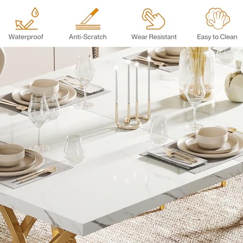 Tribesigns 63" Dining Table for 4 to 6, White and Gold Kitchen Table | Modern Large Rectangular Dinner Table Kitchen & Dining Room Furniture with Faux Marble Tabletop and Geometric Legs - Image 7