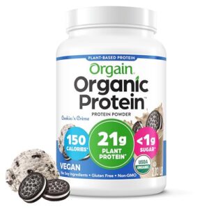 Orgain Organic Vegan 21g Protein Powder, Cookies & Cream, 2.03 lb | Plant based protein, 7g prebiotic fiber, low net carb, no added sugar or lactose ingredients, non-GMO, for shakes & smoothies