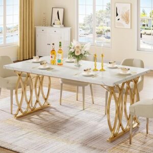 Tribesigns 63" Dining Table for 4 to 6, White and Gold Kitchen Table | Modern Large Rectangular Dinner Table Kitchen & Dining Room Furniture with Faux Marble Tabletop and Geometric Legs