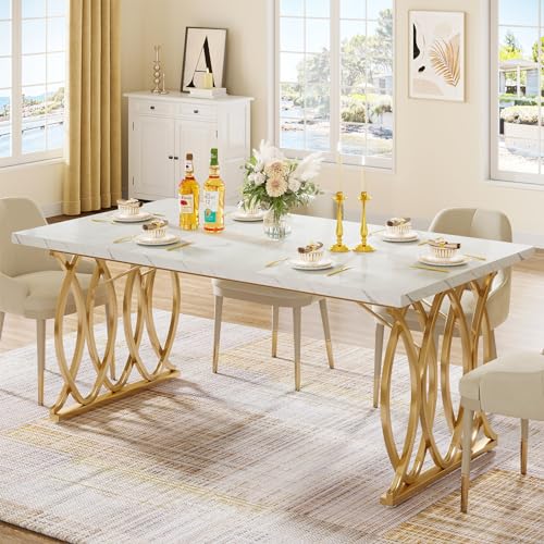 Tribesigns 63" Dining Table for 4 to 6, White and Gold Kitchen Table | Modern Large Rectangular Dinner Table Kitchen & Dining Room Furniture with Faux Marble Tabletop and Geometric Legs