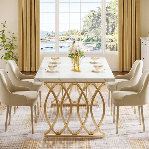 Tribesigns 63" Dining Table for 4 to 6, White and Gold Kitchen Table | Modern Large Rectangular Dinner Table Kitchen & Dining Room Furniture with Faux Marble Tabletop and Geometric Legs - Image 4
