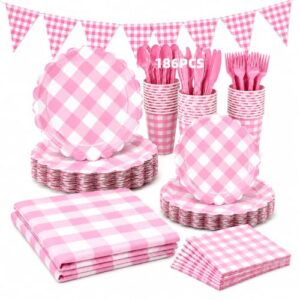 Zimtty 186 Pcs Pink Gingham Party Supplies, Pink Gingham Plates Tableware Set with Plates, Cups, Napkins, Cutlery, Tablecloth and Table Runner for Birthday, Baby Shower, Picnic, Bridal Shower