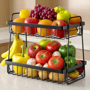 Sakugi Fruit Basket for Kitchen Counter - 2-Tier Fruit Bowl with Removable Banana Hanger & Handles, Rustproof Fruit Holder for Kitchen, Living Room, Bathroom, 13.4"×8.7"×11.7", Black