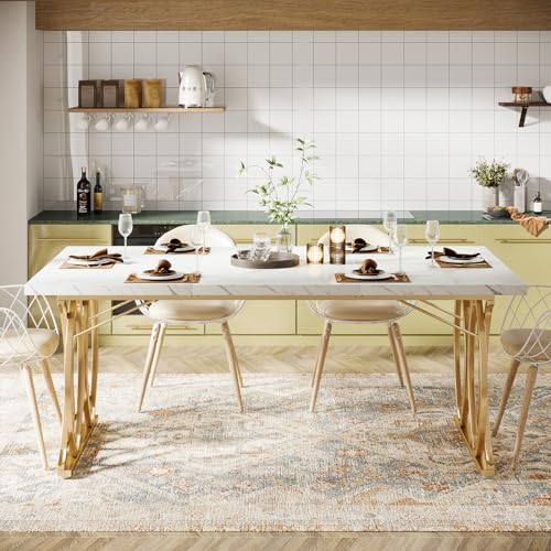 Tribesigns 63" Dining Table for 4 to 6, White and Gold Kitchen Table | Modern Large Rectangular Dinner Table Kitchen & Dining Room Furniture with Faux Marble Tabletop and Geometric Legs - Image 5