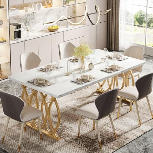 Tribesigns 63" Dining Table for 4 to 6, White and Gold Kitchen Table | Modern Large Rectangular Dinner Table Kitchen & Dining Room Furniture with Faux Marble Tabletop and Geometric Legs - Image 6