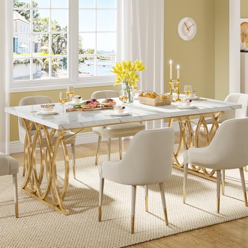 Tribesigns 63" Dining Table for 4 to 6, White and Gold Kitchen Table | Modern Large Rectangular Dinner Table Kitchen & Dining Room Furniture with Faux Marble Tabletop and Geometric Legs - Image 3